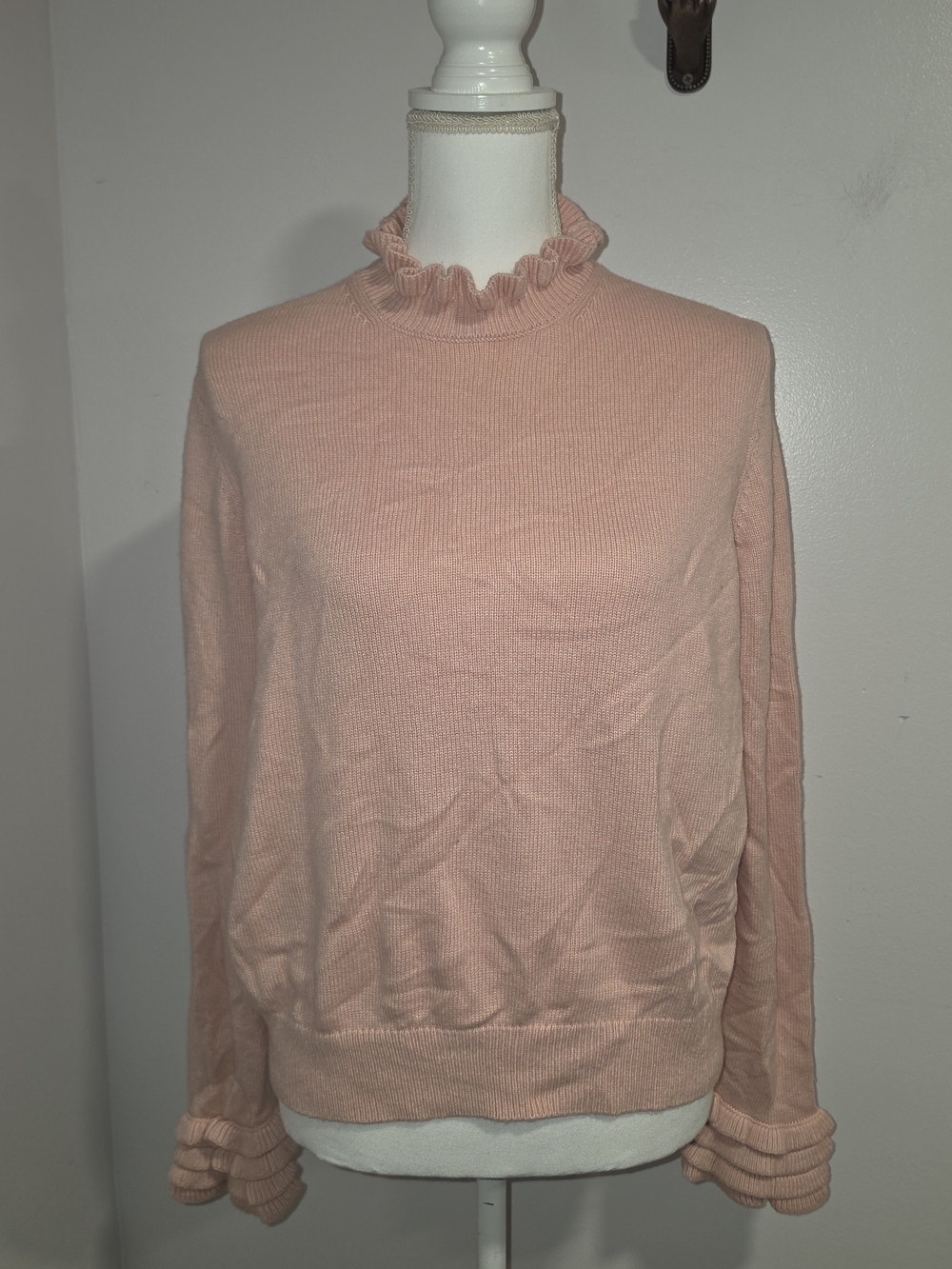 Boden Women's Pink Ruffle Neck Fitted Cashmere Wool Blend Sweater Size Large